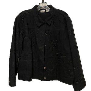 Chico's Embroidered Embellished Cotton Jacket Black Women's Size 2
